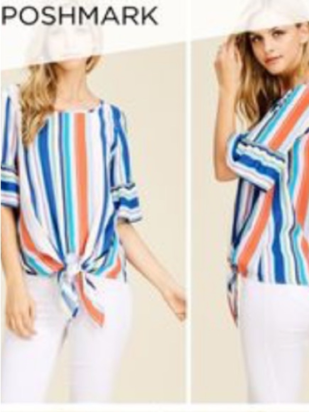 ODDY Striped Tie-Front Faux Button Blouse Large